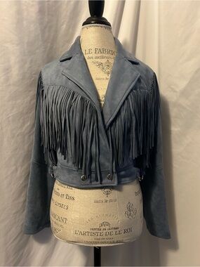 Fringe Faux Suede Cropped Jacket -Powder Blue by Forever 21